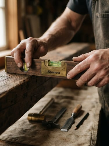 Tight macro shot of a craftsman's hands using a brass-bound spirit level on a heavy oak beam, soft natural window light, clean tools arranged neatly on a protective drop cloth, shallow depth of field, 35mm.