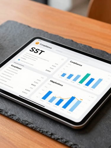 Close-up of a tablet on a dark slate desk displaying clean SST compliance dashboards and charts, sharp focus, modern corporate workspace, warm safety-orange accents, natural daylight