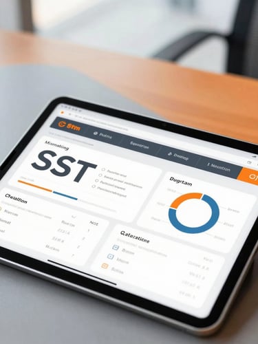 Modern corporate environment, close-up of a tablet displaying clean SST dashboards, professional slate and orange accents, bright natural daylight, 35mm