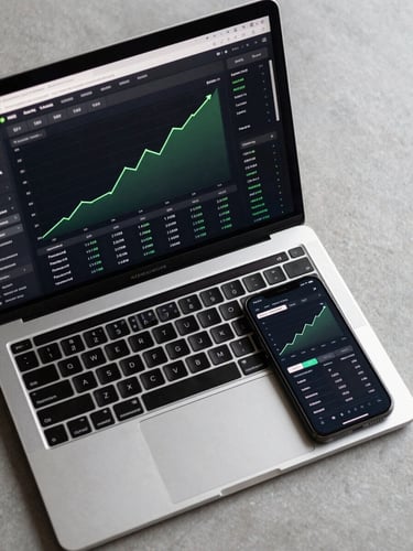 Tight overhead crop of a laptop screen displaying a local SEO rank-tracking dashboard, green upward-trending position lines for ten keyword rows visible on a dark analytics interface, clean even screen-native lighting, phone placed beside the laptop showing the same data in mobile view, flat-lay framing on a neutral matte surface
