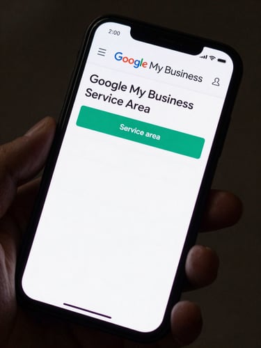Close-up overhead view of a smartphone in a dark hand showing a Google My Business profile edit screen for a plumbing company — service area fields highlighted in teal, incomplete photo section visible, clean even screen-native lighting, tight crop on the phone screen edge-to-edge