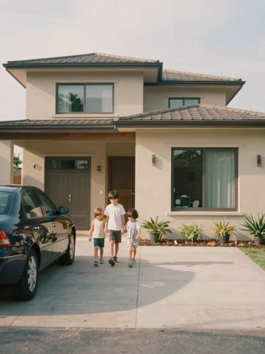 A warm, sunlit modern family home with a car parked in the driveway, soft shadows, 35mm film style, muted earth tones, shallow depth of field.