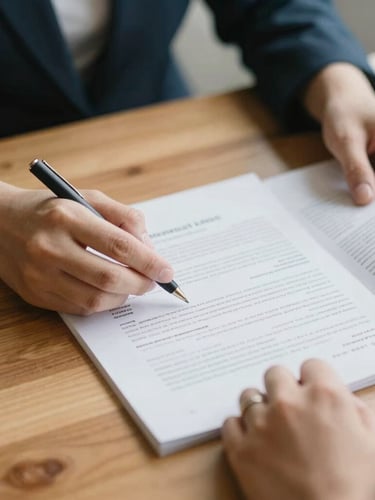 Close-up of hands reviewing a physical commercial lease and insurance documents on a warm wooden table, soft natural daylight, shallow depth of field