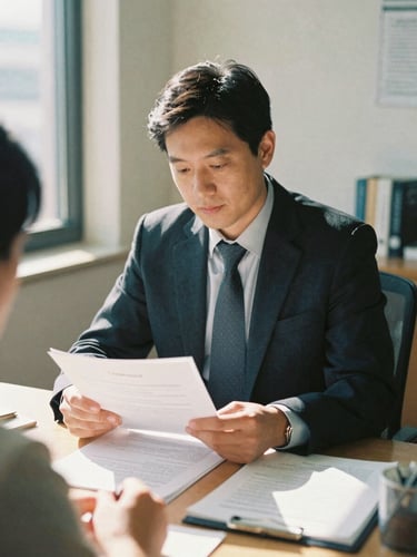A warm, candid portrait of a licensed insurance agent in a sunlit office, reviewing physical documents with a client, soft natural daylight, 35mm film style.