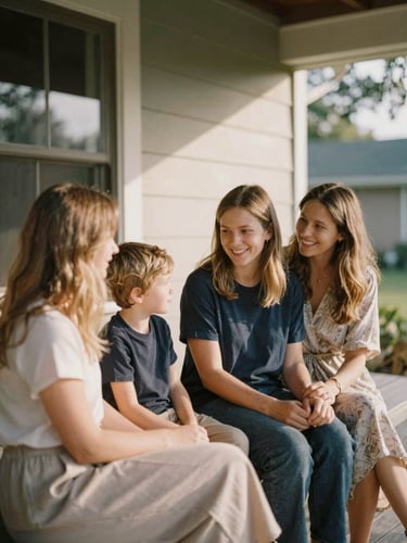 Warm environmental photograph of a family sitting on a sunlit porch, soft natural golden hour light, muted earth tones, 35mm film style, shallow depth of field