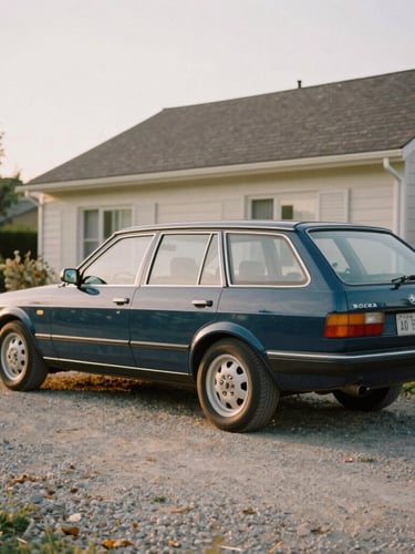 A warm, natural light photograph of a station wagon parked in a gravel driveway of a family home, soft golden hour sunlight, 35mm film style