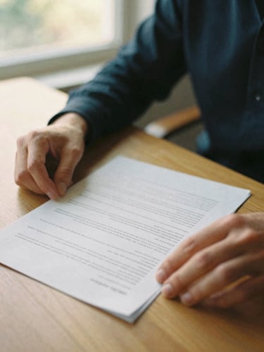 A warm environmental close-up of hands reviewing physical insurance paperwork on a wooden table, soft golden hour light filtering through a window, 35mm film style.