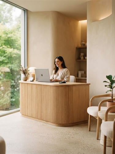 Sunlit, architecturally designed premium clinic reception with soft sand-toned walls, warm minimalist furniture, delicate indoor plants, and soft natural window light, shallow depth of field