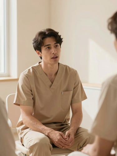 A candid medium shot of a consultant in warm-toned modern scrubs speaking gently with a patient in a sunlit, minimalist consultation room with warm cream walls.