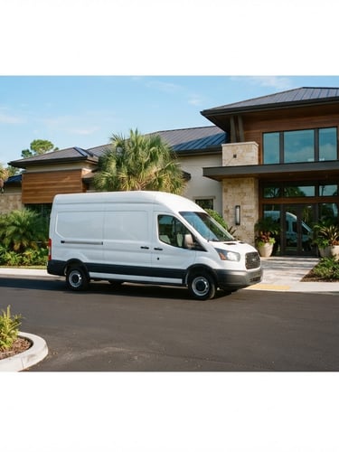 Wide shot of a clean, branded white service van parked in front of a modern Palmetto commercial building under bright Florida morning sunlight, 35mm lens