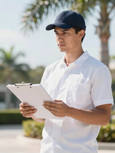 A uniformed, clean-cut property maintenance team member holding a professional checklist on a clipboard, bright natural Florida morning light, 35mm lens.