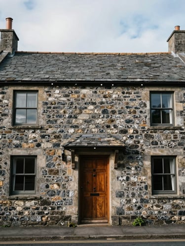 Wide environmental portrait of a traditional stone-fronted terrace house in South Wales under soft overcast daylight, focusing on weathered slate roof tiles and a solid timber front door.