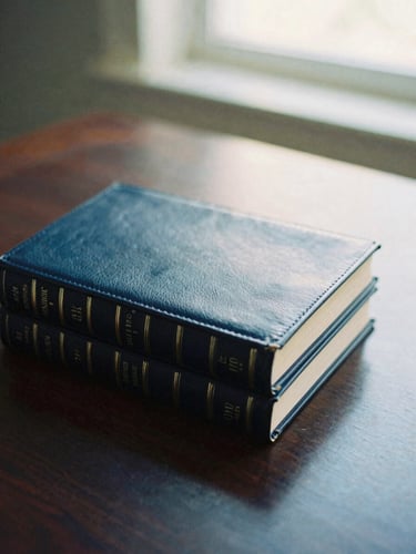 Close-up of elegant leather-bound law books on a solid dark oak desk, soft natural window light, muted navy and slate tones, shallow depth of field