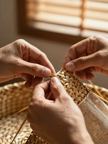 Macro close-up of artisan hands weaving a natural straw basket, warm golden hour sunlight filtering through window blinds, soft shadows, focus on tactile textures of straw and linen.
