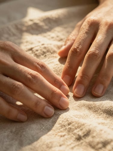 Macro close-up of hands gently touching textured natural linen fabric, warm golden sunlight filtering through leaves, casting soft shadows.