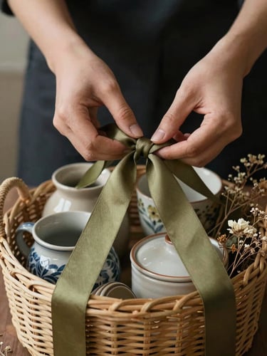 Hands carefully tying a soft olive ribbon around an artisanal woven basket filled with handmade ceramics and dried flowers.