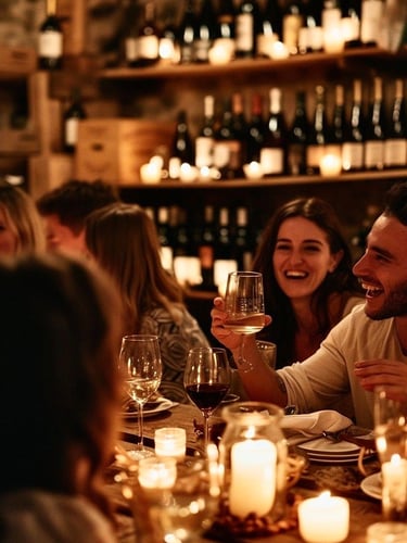 Friends enjoy a candlelit wine tasting dinner at a rustic cellar restaurant with wine bottle shelves.