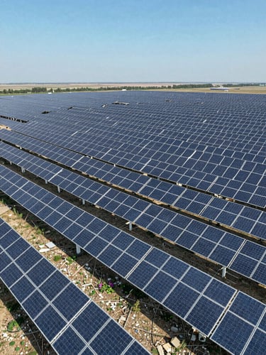 Crisp industrial photography of a massive utility-scale solar farm stretching to the horizon under bright daylight, wide-angle aerial view
