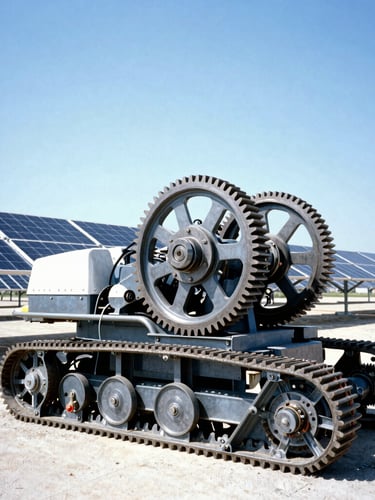 Crisp industrial photography of a heavy mechanical tracker installation, bright daylight, metallic gears and structural steel frames under a clear blue sky, 35mm.