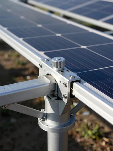 Tight macro shot of a solar tracker mechanical connection under bright morning sun casting sharp shadows, high-contrast industrial detail