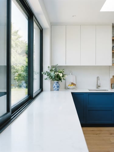 Sharp architectural interior, sunlit, clean lines, dust-free window tracks, a pristine countertop, blue and white tones, 35mm lens