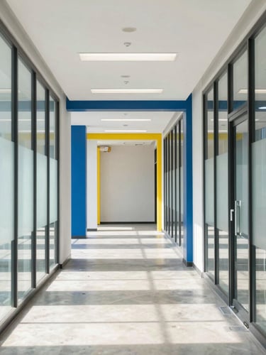 Bright commercial office corridor, midday sun casting clean geometric highlights on polished concrete and glass walls, professional atmosphere, 35mm
