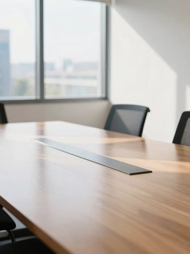 Bright natural midday light, close-up of a pristine polished wooden conference table reflecting a sunlit window, clean minimalist office interior, sharp focus, 35mm