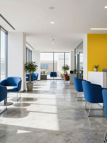 Bright commercial interior photography, clean natural midday light, high-contrast modern office lobby with polished concrete floors and royal blue accent chairs, sharp focus, 35mm