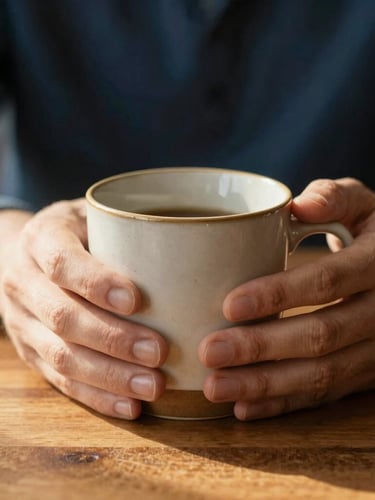 Close-up of hands holding a warm ceramic mug on a wooden table, soft morning light, cozy and grounded atmosphere