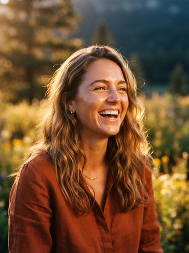A warm editorial portrait of a person laughing in golden-hour sunlight, rich amber tones, shallow depth of field, 35mm