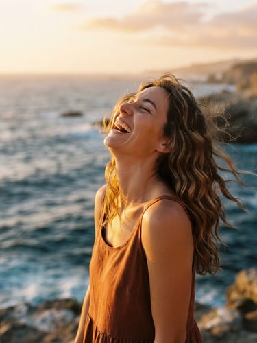 Warm editorial portrait of a person laughing in golden-hour sunlight, head tilted back, soft ocean breeze, deep blue water in background, 35mm photography