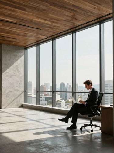 Wide environmental shot of a modern, sophisticated executive office in São Paulo. Soft, natural daylight streams through floor-to-ceiling windows, casting high-contrast shadows. A professional is seen from the side, focused on a notebook, not looking at the camera. Minimalist concrete and warm wood architecture.