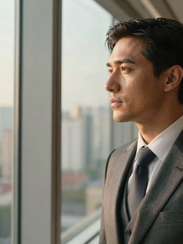 Close-up of a professional in a tailored suit looking thoughtfully out a high-rise window, soft natural morning light, warm tones, architectural lines of São Paulo in the background, elegant and reflective mood.