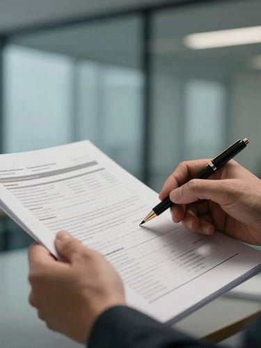 Close-up of a professional analyzing reports in a modern glass office, natural side lighting, sophisticated atmosphere.