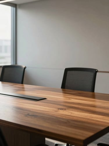 Architectural detail of a contemporary corporate boardroom in Brazil, soft natural light casting elegant shadows on a wooden table.