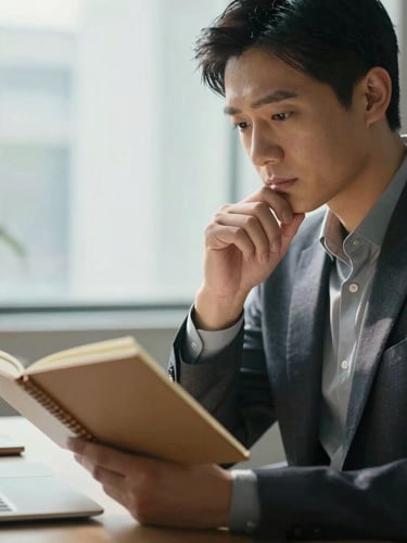Medium close-up of a professional in a modern, natural-light workspace, looking thoughtfully at a notebook, soft daylight, high contrast, elegant office setting.