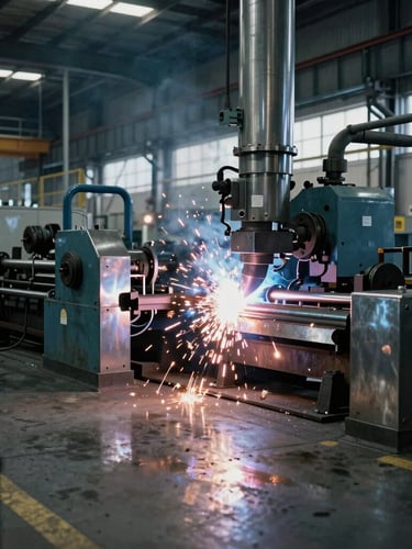 Wide environmental shot of a large industrial metal fabrication factory floor with sparks flying from welding, cool metallic reflections, 35mm