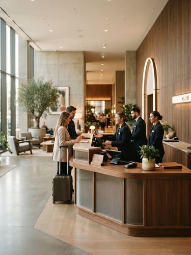 Warm daylight illuminating a modern hotel lobby reception desk with clean lines, minimal architectural details, 35mm photography