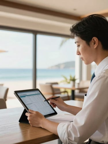A professional hospitality operator reviewing cloud-based reports on a tablet in a sunlit coastal resort office, warm tones, professional