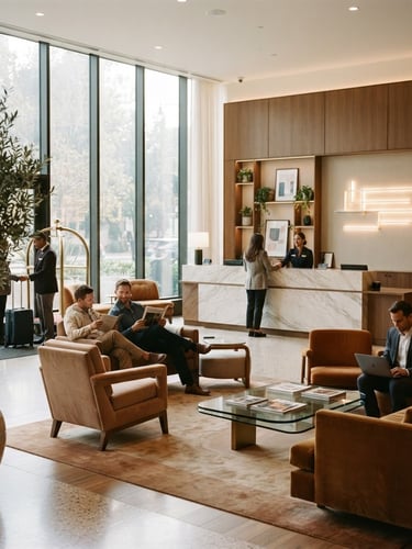 Warm environmental photography of a modern hotel lobby, soft natural daylight, professional hospitality interiors, 35mm