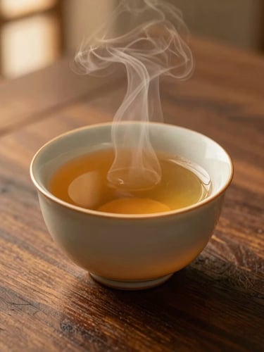Close-up of a warm ceramic cup of herbal tea steaming on a dark teak wood table, with soft golden-hour light.