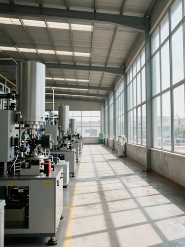 Wide environmental shot of a modern clean manufacturing plant in Querétaro, high-contrast daylight streaming through high windows, precise machinery aligned in perspective.