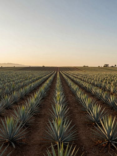 Wide panoramic shot of high-yield agave fields in Jalisco at golden hour, sharp geometric lines of planting stretching to the horizon under a soft warm sky, editorial framing.