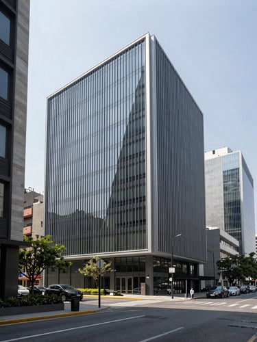 Wide environmental shot of a modern, clean corporate office in Mexico City under crisp, high-contrast daylight, with large windows overlooking Paseo de la Reforma, professional atmosphere, no people.