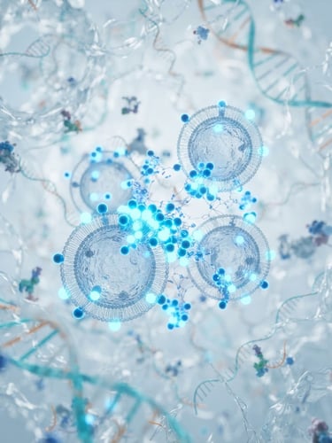 Macro shot of blue glowing magnetic nanoparticles binding to lipid-bilayer exosomes, with DNA helices and RNA strands subtly integrated in the background, under crisp high-key laboratory lighting, 50mm.