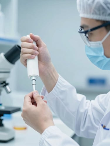 A clean, high-resolution laboratory scene with a researcher in cleanroom attire operating precision pipettes, soft blue backlighting, macro depth of field. Subject in portrait aspect, framed to the right.