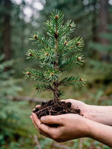 Candid medium shot of hands holding a young Douglas fir sapling in rich, damp soil, soft overcast Pacific Northwest daylight, 35mm film style.