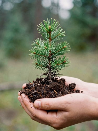 Candid close-up of hands holding damp rich soil with a small green Douglas fir sapling, soft overcast Pacific Northwest daylight, earthy tones, 35mm film style.