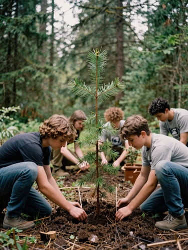 Candid outdoor photography of young volunteers planting Douglas fir saplings in damp forest soil, soft overcast Pacific Northwest daylight, rich forest greens and earthy tones, 35mm film style