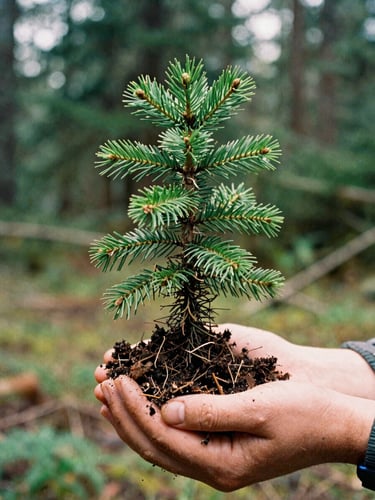 Candid close-up shot of a volunteer's hands holding a native Douglas fir sapling in dark, damp soil, soft overcast Pacific Northwest daylight, 35mm film style.